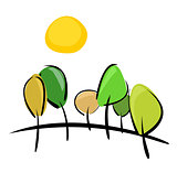 Green and brown trees on the hill at sunny spring or summer day illustration
