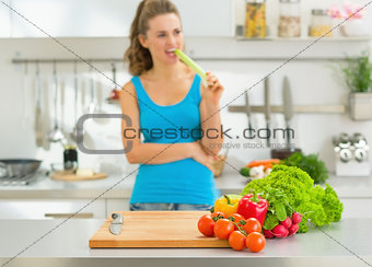 Closeup on fresh vegetables on table and young woman in backgrou