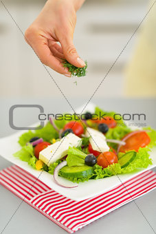 Closeup on young housewife serving salad