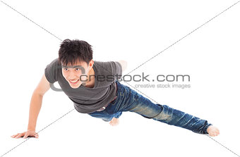 confident young man make push-ups by single hand