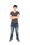 full length of smiling young man isolated white background