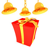 Gold bell and red gift box with golden ribbon