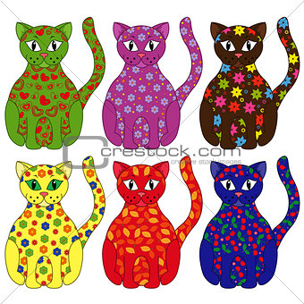 Set of six stylized cats