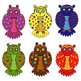 Set of six stylized owls