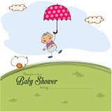 baby shower card with a boy who lands on a meadow