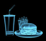 Fast food burger x-ray blue transparent isolated on black
