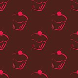 Seamless dark vector pattern or tile texture with chocolate cupcakes, muffins, sweet cake and pink cherry and brown background.
