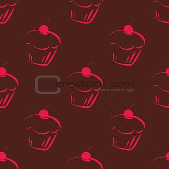Seamless dark vector pattern or tile texture with chocolate cupcakes, muffins, sweet cake and pink cherry and brown background.