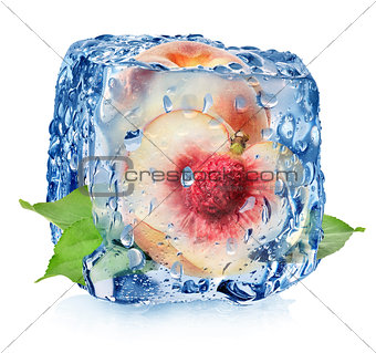 Juicy peach in ice cube