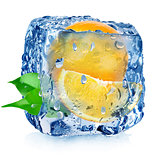 Orange in ice cube with drops