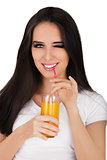 Girl Drinking Orange Juice in White T-Shirt