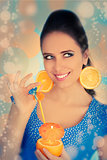 Girl with Orange Drink and Orange Slice Earrings