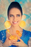 Girl with Orange Drink and Orange Slice Earrings