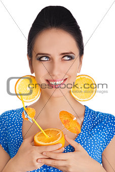 Girl with Orange Drink and Orange Slice Earrings White Background
