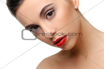 Beautiful girl with perfect skin and red lipstick