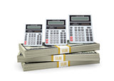 Calculators stand on pack of dollars