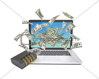 Dollar notes flying around the laptop