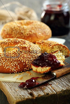 Homemade bagel with jam.