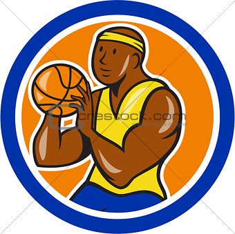 African-American Basketball Player Shooting Cartoon Circle
