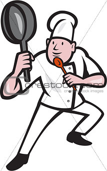 Chef Cook Holding Frying Pan Kung Fu Stance Cartoon