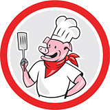Pig Chef Cook Holding Spatula Circle Cartoon