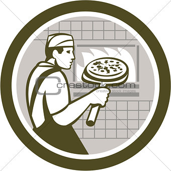 Pizza Maker Holding Peel Side Retro Circle