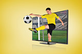 Football player kicking ball through tv