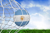 Football in argentina colours at back of net