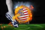 Football player kicking flaming usa flag ball