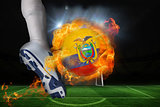 Football player kicking flaming ecuador flag ball