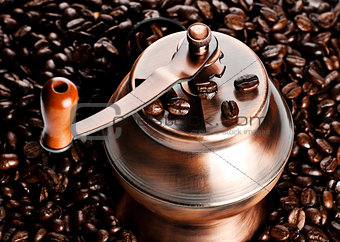 vintage coffee mill in beans