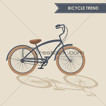 Trendy bike with brown wheels and oblique shadow on beige background isolated