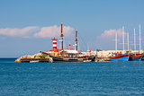 Sailing ships on marina in Kemer, Turkey.