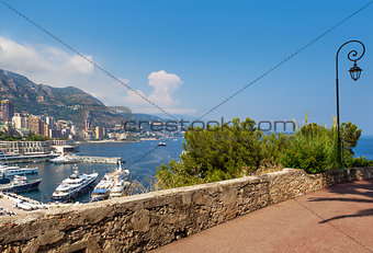 Sidewalk and view on Monte Carlo, Monaco.