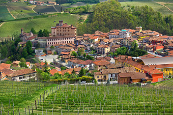 Town of Barolo and green vineyards of Piedmont.
