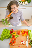 Young housewife tasting carrot while cutting vegetables