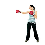 Boxer woman during boxing exercise, isolated on white