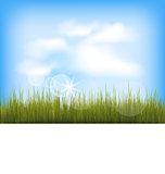 Summer background with green grass, blue sky, clouds