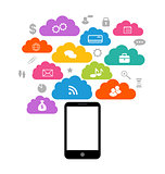 Smart device with cloud of application icons, business infograph