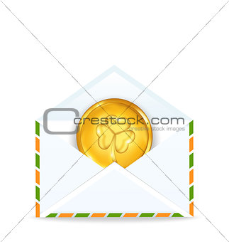 envelope with golden coin for St. Patrick's Day