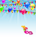 Carnival background with flags, confetti, balloons, mask