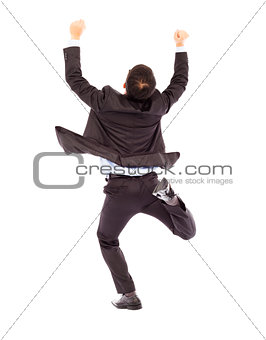 excited businessman raising hands while running happily