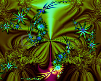 Abstract Green Blue Fractal Flowers