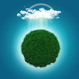3D render of a grassy globe with a rainbow and raincloud