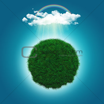 3D render of a grassy globe with a rainbow and raincloud