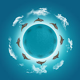 3D render of a water globe with jumping dolphins and clouds