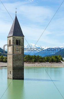 The bell tower in Reschensee (Italy).