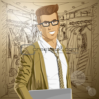 Vector Hipstar Man With Laptop in His Hands