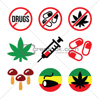 Drugs, addiction, marijuana, syringe colorful icons set