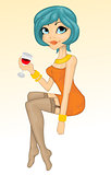 Cartoon girl holding a glass of red wine 